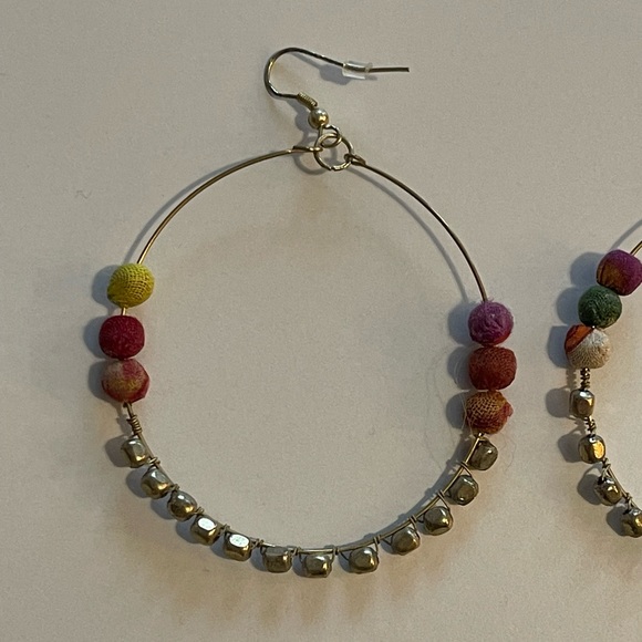 Bohemian Bronze Bead & Multi-Colored Fabric Bead Hoop Earrings - Picture 2 of 3